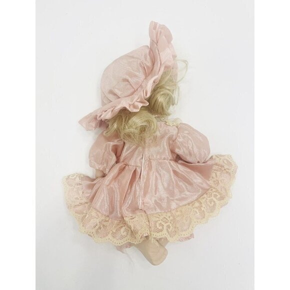Menie Porcelain Doll 8” Blonde Brown Eyes Satin Pink Dress Lace Hat Dusty Rose - Picture 5 of 8